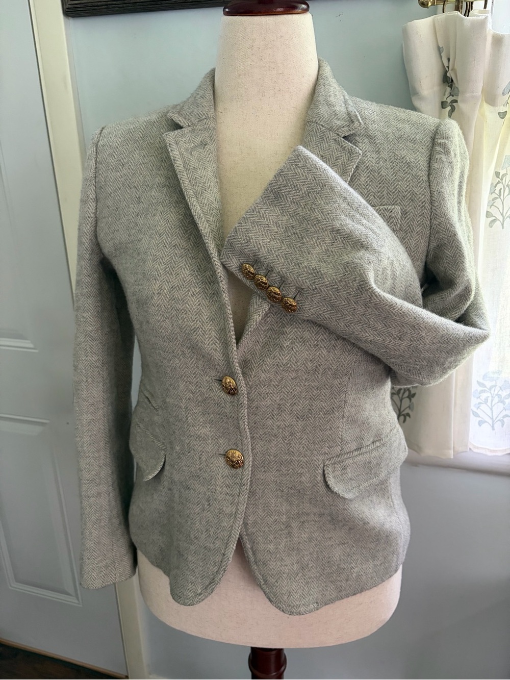 J. Crew Schoolboy Wool Herringbone Gold Buttoned Tailored Blazer